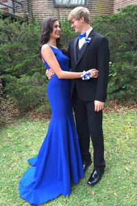 Decent Bateau Open Back Sweep Train Royal Blue Mermaid Prom Dress with Beading LPD56 | Cathyprom