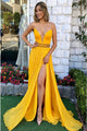 A-Line Sweetheart Sweep Train Yellow Pleated Chiffon Prom Dress with Beading Split PD9