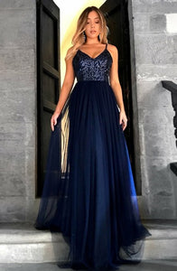 A-Line Spaghetti Straps Sweep Train Navy Blue Tulle Prom Dress with Sequins Z45