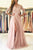 A-Line Bateau Long Sleeves Sweep Train Pink Tulle Prom Dress with Appliques Q32