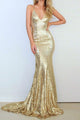 Mermaid Spaghetti Straps Sweep Train Criss-Cross Straps Gold Sequined Prom Dress P31