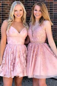 Stylish A Line V Neck Pink Short Homecoming Dresses with Appliques OHM076 | Cathyprom