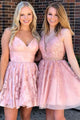 Stylish A Line V Neck Pink Short Homecoming Dresses with Appliques OHM076 | Cathyprom