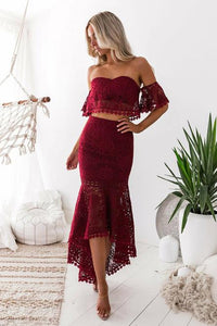 Two Piece Off-the-Shoulder Backless High Low Burgundy Lace Prom Dress OHC010 | Cathyprom