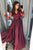 A-Line V-Neck Long Sleeves Split Burgundy Satin Prom Dress with Appliques Q16