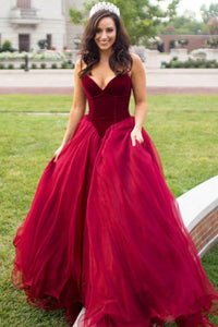 Ball Gown Sweetheart Sweep Train Burgundy Tulle Pleated Prom Dress Q54