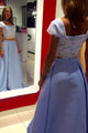 Two Piece Square Floor-Length Blue Satin Cap Sleeves Prom Dress with Appliques D17
