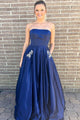 A-Line Strapless Sweep Train Royal Blue Satin Prom Dress with Beading Pockets L25