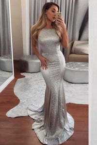 Mermaid Halter Backless Sweep Train Silver Prom Dress with Sequins LPD100 | Cathyprom