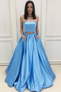 Two Piece Strapless Sweep Train Blue Prom Dress with Pockets Beading L49 | Cathyprom