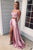 Two Piece Square Lace Up Pink Split Long Prom Dress with Lace Pockets D25