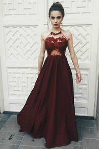 A-Line Halter Backless Floor-Length Burgundy Prom Dress with Appliques OHC059 | Cathyprom