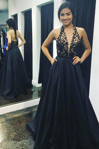 A-Line Halter Backless Navy Blue Prom Dress with Appliques Pockets L57 | Cathyprom