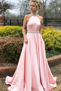 A-Line Jewel Sweep Train Pink Satin Open Back Sleeveless Prom Dress with Beading Z1