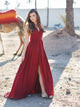 Simple A-line V Neck Sweep Train Sleeveless Long Burgundy Chiffon Prom Dresses/Evening Dress OHC288 | Cathyprom