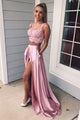 Two Piece Square Lace Up Pink Split Long Prom Dress with Lace Pockets D25