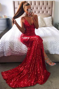 Mermaid Spaghetti Straps Sweep Train Red Sequined Prom Dress with Split OHC018 | Cathyprom