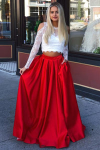 Two Piece Crew Long Sleeves Cold Shoulder Red Long Prom Dress with Lace Pockets LPD93 | Cathyprom