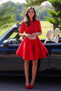 Elegant Bateau A-line Half sleeves Short Prom Dress Red Lace Homecoming Dress LPD69 | Cathyprom