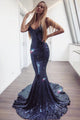 Mermaid Spaghetti Straps Backless Sweep Train Navy Blue Sequined Prom Dress OHC013 | Cathyprom