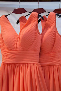 Charming A-line V-neck Floor Length Sleeveless Long Chiffon Bridesmaid Dresses with Ruffles OHS128 | Cathyprom