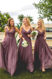 Cheap A Line Spaghetti Straps Floor Length Open Back Sleeveless Long Tulle Bridesmaid Dresses OHS111 | Cathyprom