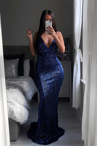Mermaid Spaghetti Straps Backless Sweep Train Navy Blue Sequined Prom Dress L46 | Cathyprom