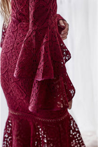 Mermaid Off-the-Shoulder Long Bell Sleeves Burgundy Lace Prom Dress PD6