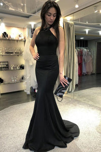 Black Crew Open Back Long Prom Dress Mermaid Beaded Evening Dress LPD94 | Cathyprom