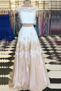 Two Piece Bateau Champagne Chiffon Sweep Train Beaded Prom Dress with Appliques P46