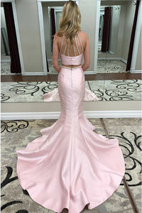 Two Piece Mermaid Jewel Open Back Sweep Train Pink Prom Dress with Beading PD3