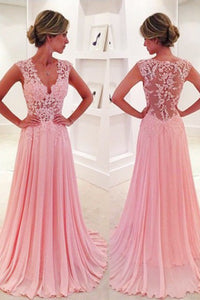 A-line V-neck Sweep Train Pink Chiffon Prom Dress with Lace P49