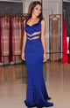 Mermaid V-Neck Sweep Train Royal Blue Satin Backless Prom Dress with Beading Q39