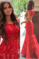 Mermaid Scoop Sweep Train Cap Sleeves Open Back Red Lace Prom Dress P29