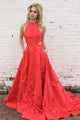 A-Line Jewel Sweep Train Red Satin Open Back Cut Out Appliques Pockets Prom Dress L29