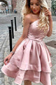 A Line One Shoulder Pink Short Homecoming Prom Dresses with Ruched OHM023 | Cathyprom