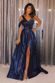 A-Line One-Shoulder Sweep Train Navy Blue Sequined Prom Dress with Split OHC011 | Cathyprom