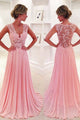 A-line V-neck Sweep Train Pink Chiffon Prom Dress with Lace P49
