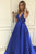 A-Line Deep V-Neck Court Train Royal Blue Satin Prom Dress with Bowknot Q11