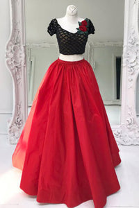 Two Piece V-Neck Floor-Length Short Sleeves Red Organza Prom Dress with Flowers P25
