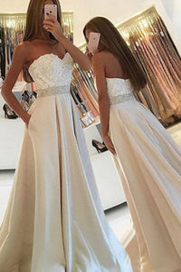 Simple Sweetheart Sleeveless Floor-Length Pockets Ivory Prom Dress with Lace Beading LPD54 | Cathyprom