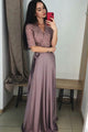 A-Line V-Neck Half Sleeves Floor-Length Purple Satin Prom Dress with Lace LPD99 | Cathyprom