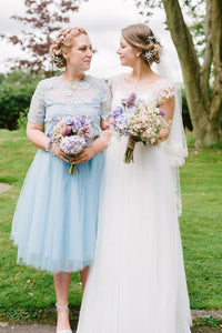 A-line Scoop Tea-length Short Sleeves 3D Flower Short Tulle Bridesmaid Dresses OHS119 | Cathyprom