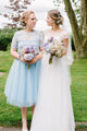 A-line Scoop Tea-length Short Sleeves 3D Flower Short Tulle Bridesmaid Dresses OHS119 | Cathyprom