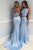 Two Piece Round Neck Sweep Train Blue Prom Dress with Beading L37 | Cathyprom
