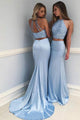 Two Piece Round Neck Sweep Train Blue Prom Dress with Beading L37 | Cathyprom
