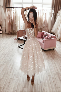 Tea Length Lace Tulle Sleeveless Spaghetti Strap with Sequins Prom Dress LPD10