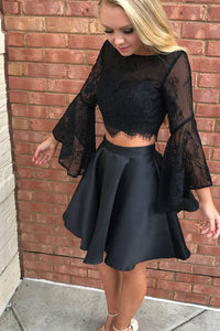 Two Piece Homecoming Dresses Long Sleeves Backless Satin Short Prom Dress Sexy Party Dress OHM119 | Cathyprom