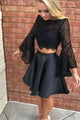 Two Piece Homecoming Dresses Long Sleeves Backless Satin Short Prom Dress Sexy Party Dress OHM119 | Cathyprom