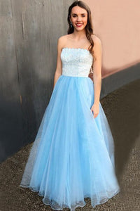 A-Line Strapless Floor-Length Light Blue Prom Dress with Lace Beading D10
